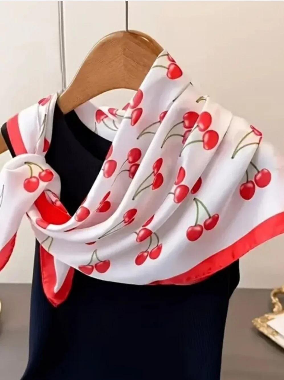 Silk-feel Cherry Print Satin Scarf - Red on White Head & Neck Scarf